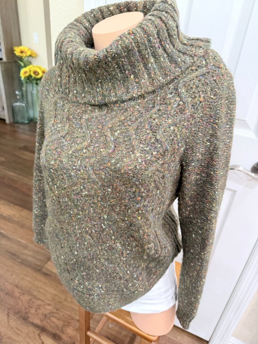 Charlie B XS Olive Donegal Fleck Wool Blend Cowl Turtleneck Sweater - Picture 3 of 13